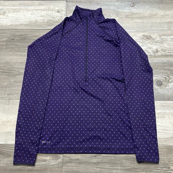 Nike Pro  Quarter Zip Purple Womens S Polka Dots Dri-Fit Fitted Longsleeve Shirt - Picture 1 of 10